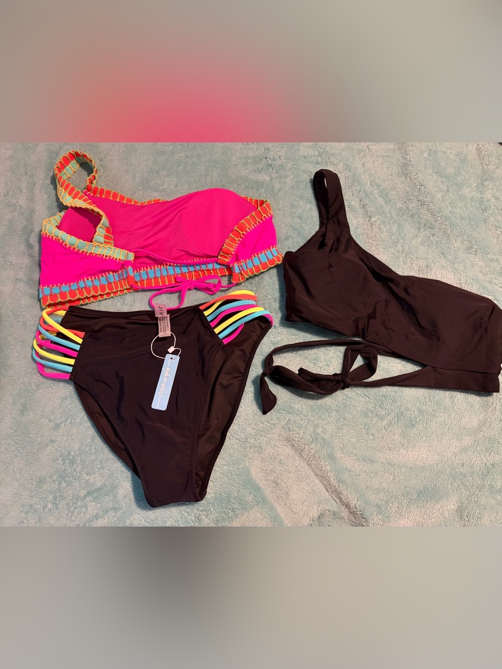 Popvil Hot Pink & Black women’s Swim Set with Multicolor Strap Accents- 2 Tops!